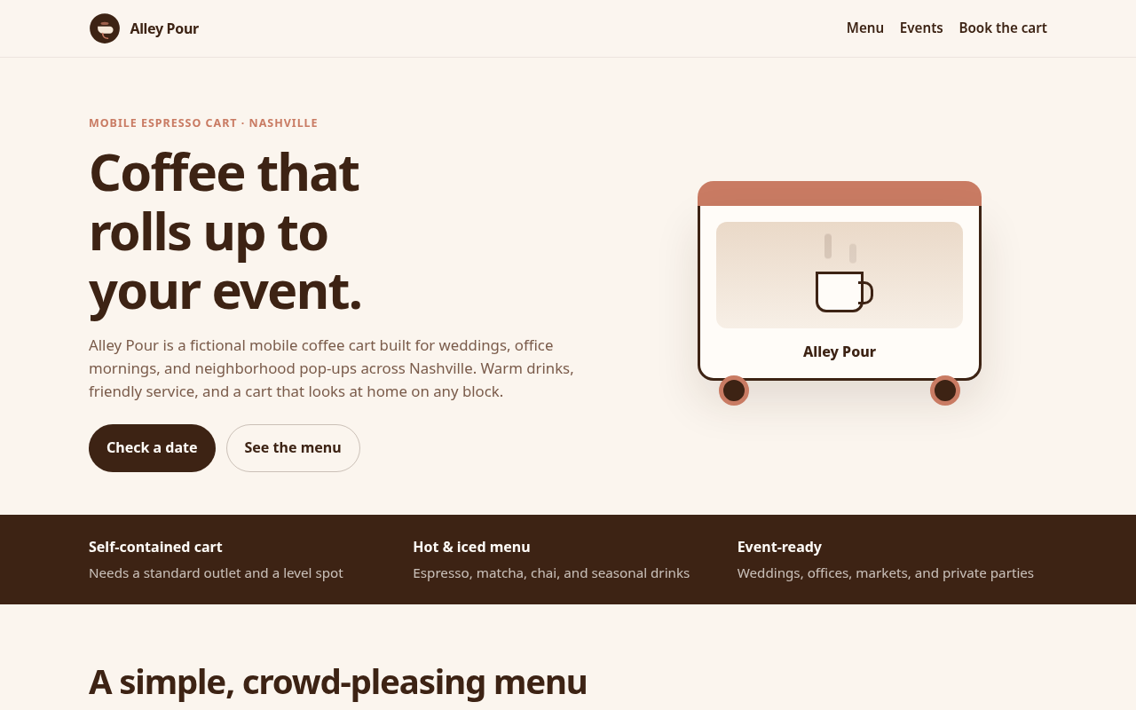 Alley Pour Coffee Cart landing page preview